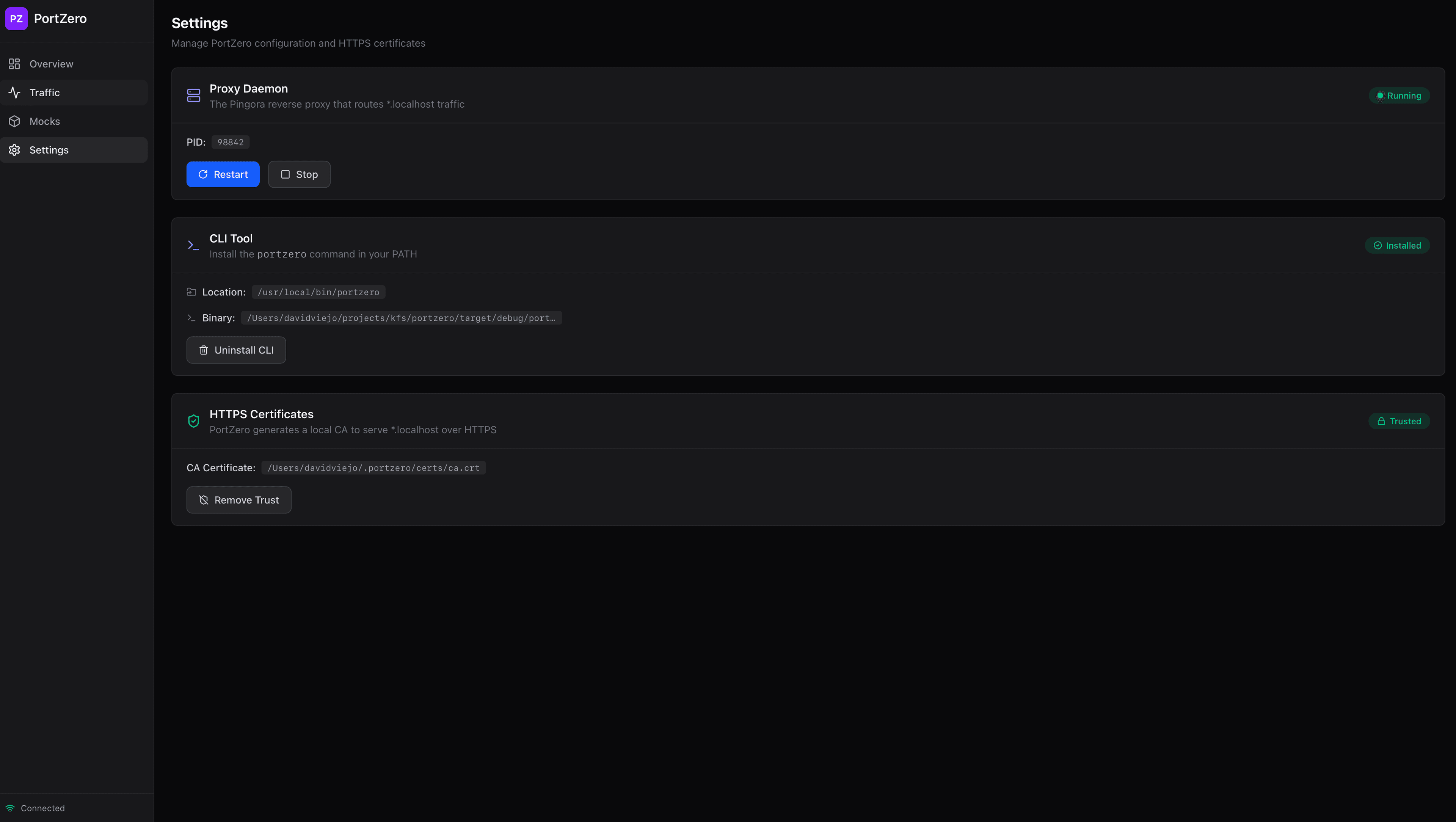 PortZero Settings -- daemon management, CLI install, and HTTPS certificates
