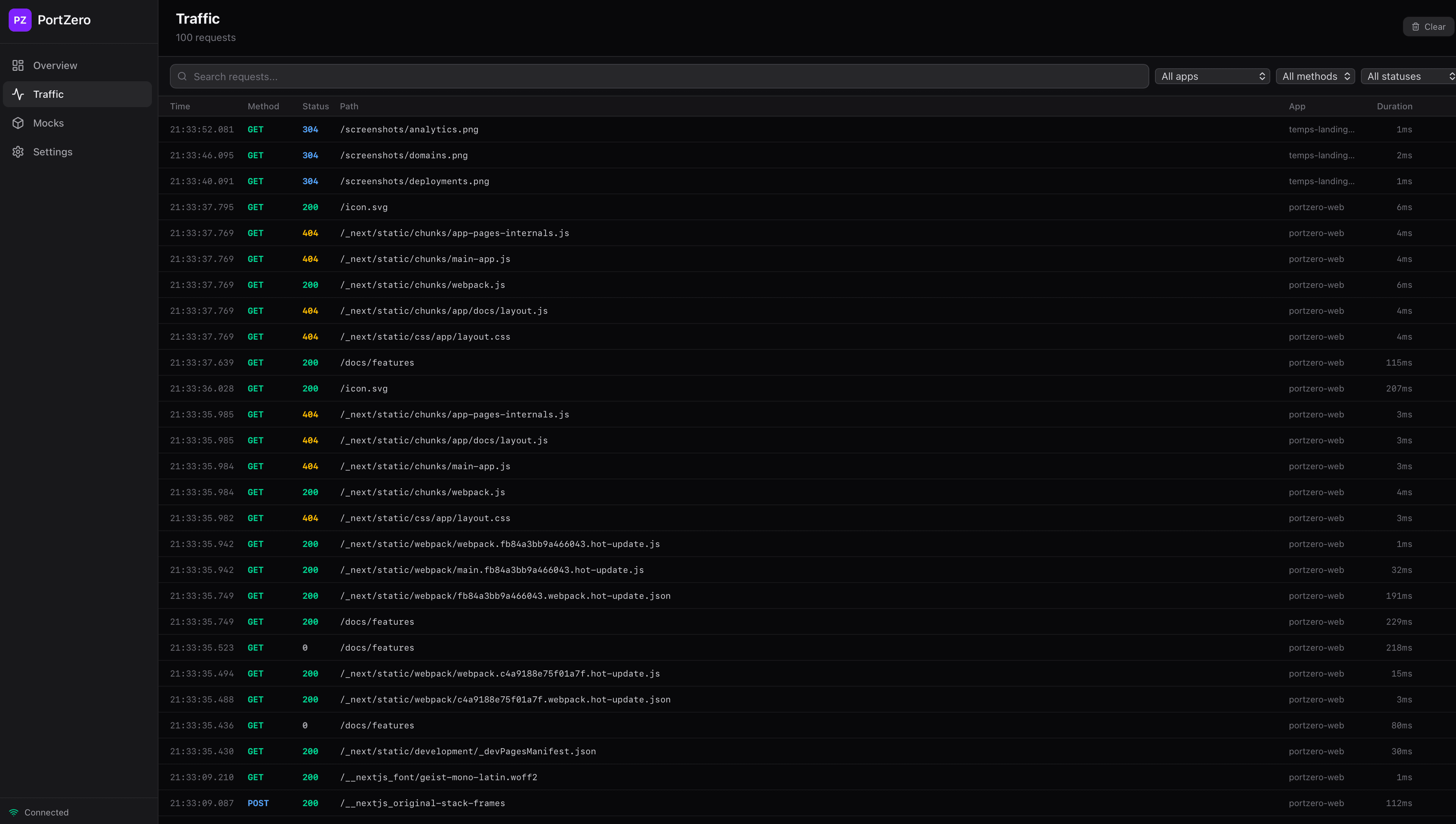 PortZero Traffic Inspector -- Full request/response capture with filtering